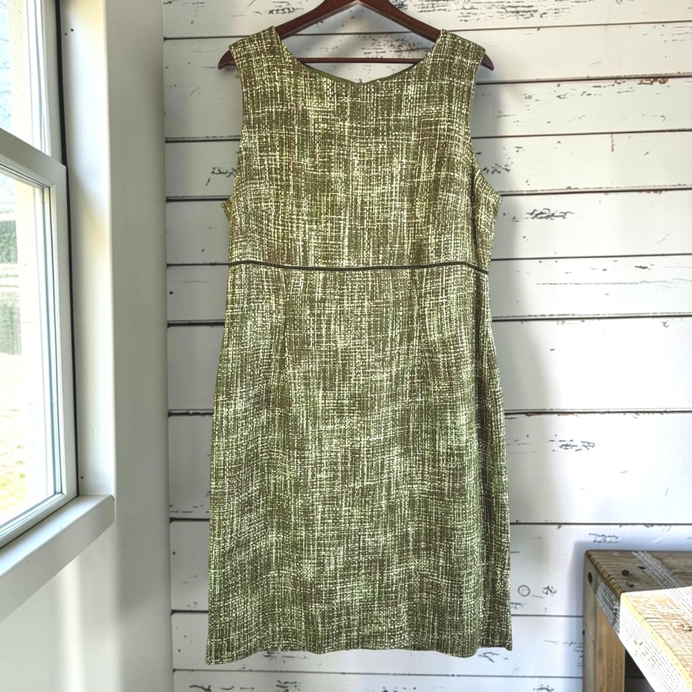 Vintage Shift Dress 16 Green Brown Midi Tweed Velvet Trim Mod Retro Earth Tones